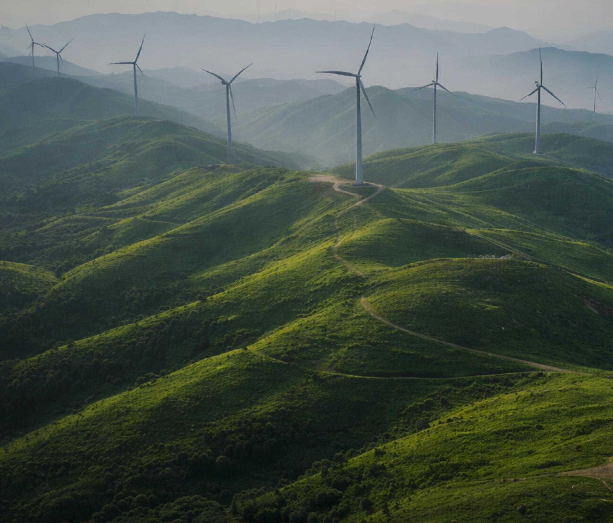Wind turbines on green hills